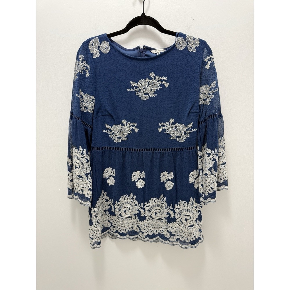 John Mark Womens S Blue Embroidered Lace Bell Sleeve Boho Tunic Top Floral